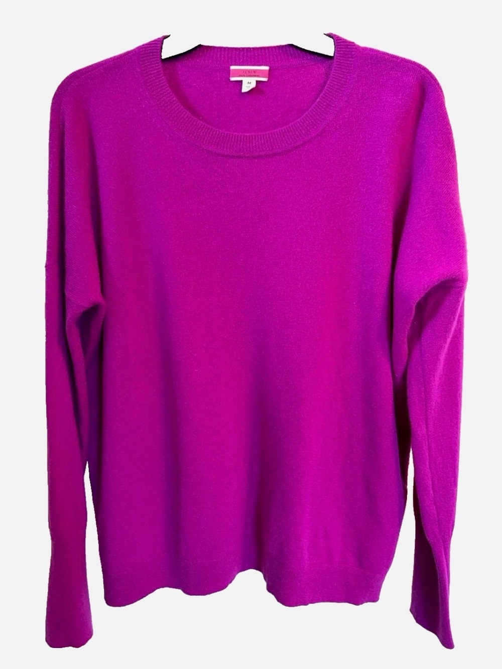 J.Crew 100% Cashmere Sweater M Fuchsia Pink Crew Neck Classic Knit - Picture 1 of 9